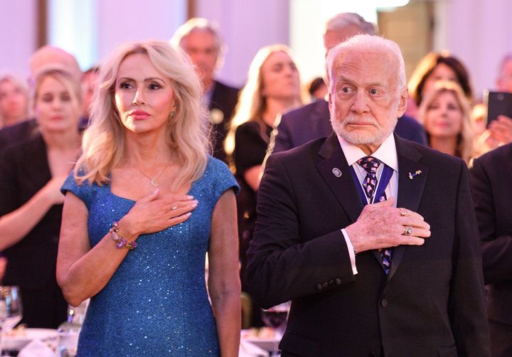 Anca Faur and Buzz Aldrin, who tied the knot Friday, are pictured in 2019.