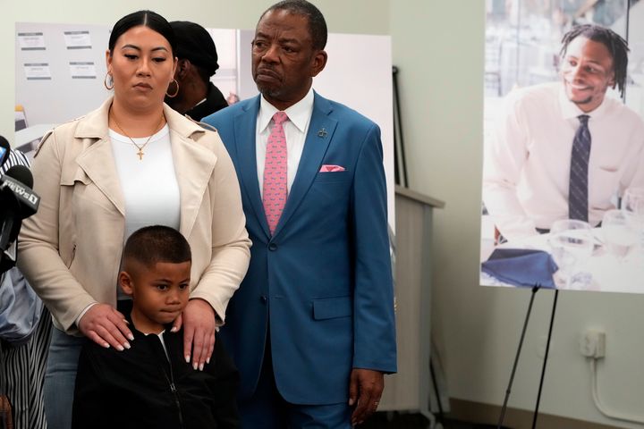 Lawyer Carl Douglas, right, holds a news conference with Gabrielle Hansel, guardian of 5-year-old Syncere Kai Anderson, to announce filing a $50 million in damages claim against the city of Los Angeles over the death of Keenan Anderson, seen photo right, at a news conference in Los Angeles Friday, Jan. 20, 2023. 