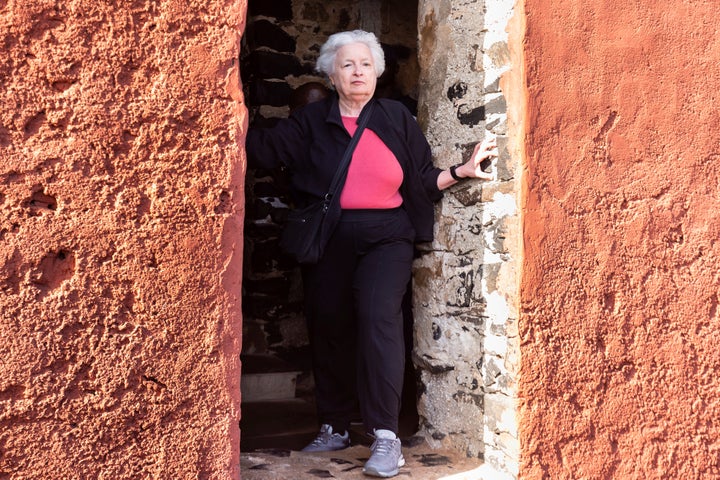 Janet Yellen stands at the "Door Of No Return" on Saturday, Jan. 21.