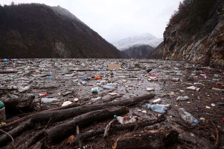 Waste floating in the Drina river near Visegrad, Bosnia, Friday, Jan. 20, 2023.