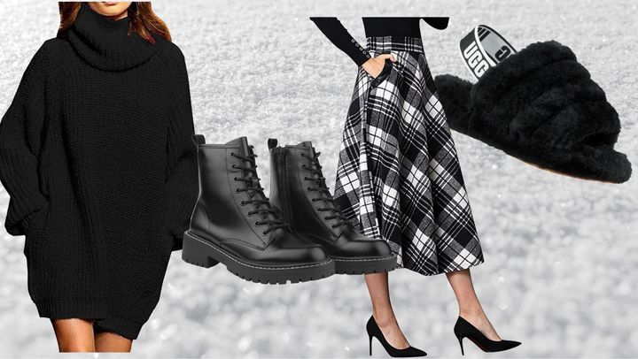 An oversized sweater dress, a pair of matte black combat boots, a plaid A-line skirt and fluffy slingback slippers by Ugg. 