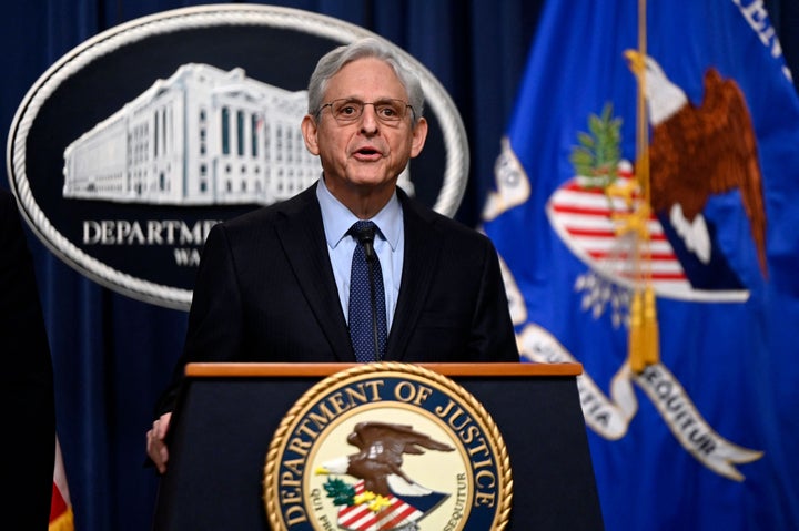 US Attorney General Merrick Garland names an independent special counsel to probe President Joe Biden's alleged mishandling of classified documents at the US Justice Department in Washington, DC on January 12, 2023 - Garland said Robert Hur, a private attorney and former government prosecutor, would examine whether the discovery of classified government documents in Biden's home and in a research institute linked to the president violated any laws. (Photo by OLIVIER DOULIERY / AFP) (Photo by OLIVIER DOULIERY/AFP via Getty Images)