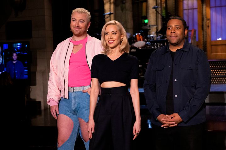 (L-R) Musical guest Sam Smith, host Aubrey Plaza, and Kenan Thompson during filming for Saturday Night Live.