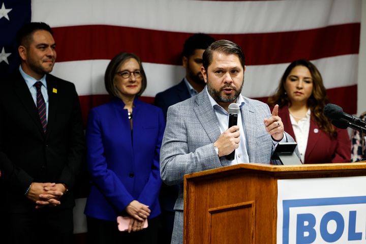 Rep. Ruben Gallego speaks at a Congressional Hispanic Caucus event in November. He announced Monday he's entering Arizona's U.S. Senate race.