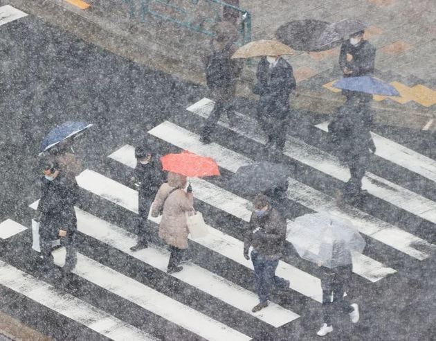 雪が舞う東京都心＝2022年1月6日、東京都中央区