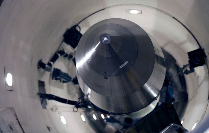 An inert Minuteman III missile rests in a training launch tube at Minot Air Force Base in North Dakota in 2014. Nine military officers who had worked decades ago at a nuclear missile base in Montana, home to a vast field of 150 Minuteman III intercontinental ballistic missile silos, have been diagnosed with blood cancer and there are “indications” the disease may be linked to their service, according to military briefing slides obtained by The Associated Press.