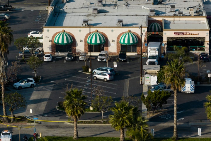 This image taken with a drone shows Star Dance Studio in Monterey Park, Calif., on Jan. 22, 2023. 