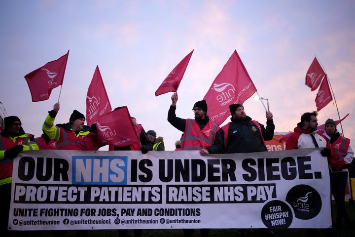 Striking ambulance workers on the picket line at the North West Ambulance Service NHS Trust on January 23, 2023 in Chorley