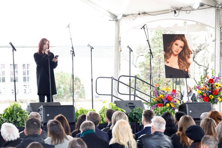 Priscilla Presley speaking on behalf of her granddaughters at Lisa Marie's funeral