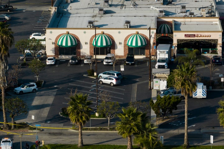 This image taken with a drone shows Star Dance Studio in Monterey Park, Calif., on Jan. 22, 2023.