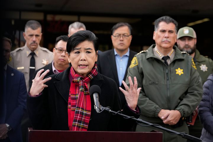 Rep. Judy Chu, D-Calif., left, addresses the media with Los Angeles County Sheriff Robert Luna, right, outside the Civic Center in Monterey Park, Calif., on Jan. 22, 2023. 