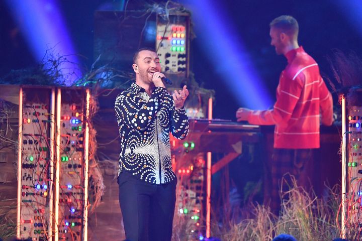 Sam Smith on stage at the 2019 Brit Awards, where they performed with Calvin Harris