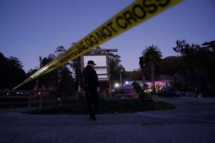 Police tape is placed near the scene of a shooting on Jan. 23, 2023, in Half Moon Bay, Calif. 