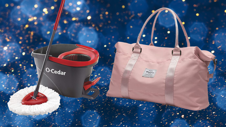 O-Cedar EasyWring microfiber spin mop and HYC00 travel duffel bag. 