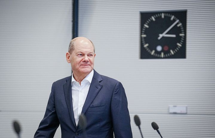 Chancellor Olaf Scholz attends his party's parliamentary group meeting.