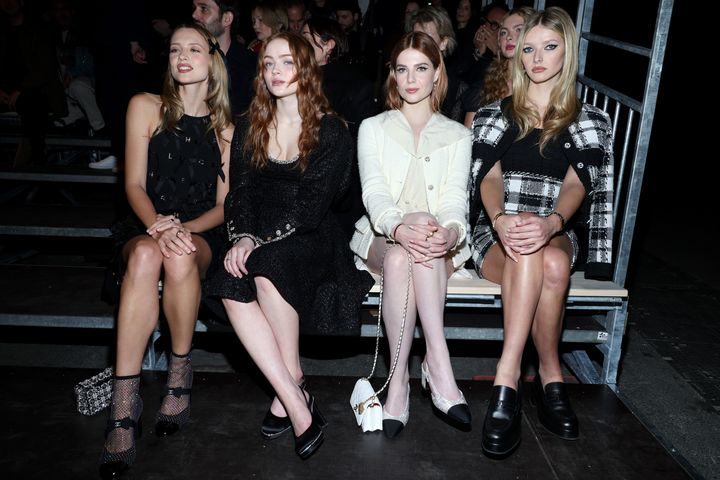 (L-R) Angèle, Sadie Sink, Lucy Boynton, and Apple Martin attend the Chanel Haute Couture Spring Summer 2023 show as part of Paris Fashion Week on January 24, 2023 in Paris, France. (Photo by Pascal Le Segretain/Getty Images)