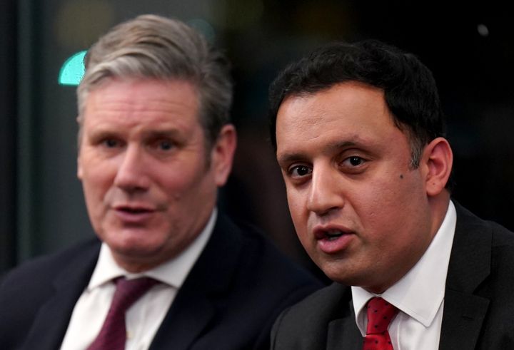 Keir Starmer is pictured with Scottish Labour leader Anas Sarwar at the launch of the party's plans to devolve powers away from Westminster.