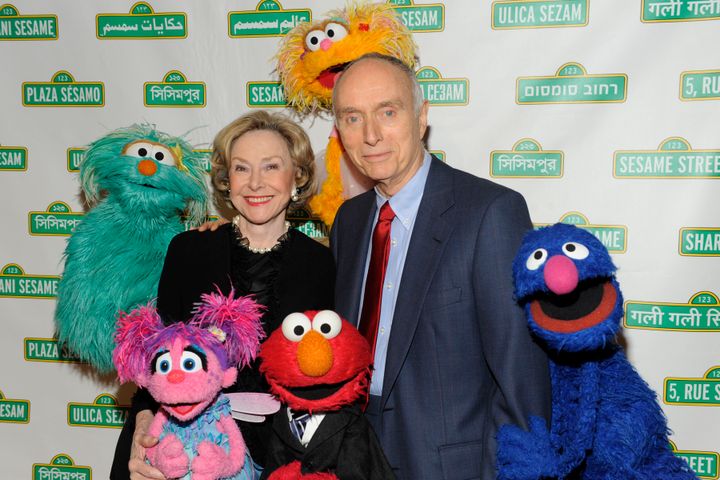 Joan Ganz Cooney (left) and Morrisett (with Rosita, Abby Cadabby, Elmo, Zoe and Grover) in 2009.