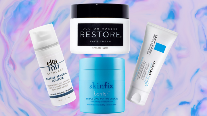 Elta MD barrier renewal complex cream, Doctor Rogers Restore cream, Skinfix barrier cream and La Roche-Posay Cicaplast balm.