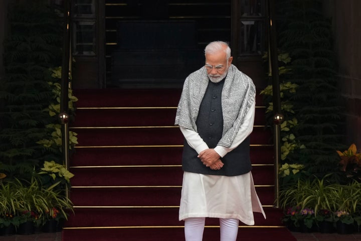 Indian Prime Minister Narendra Modi waits for the arrival of Egyptian President Abdel Fattah El-Sisi at Hyderabad house, in New Delhi on Wednesday. Modi's government has moved to block a BBC documentary critical of him.