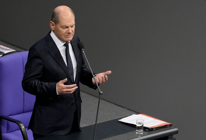 German chancellor Olaf Scholz speaks to the lawmakers in the German parliament Bundestag in Berlin.