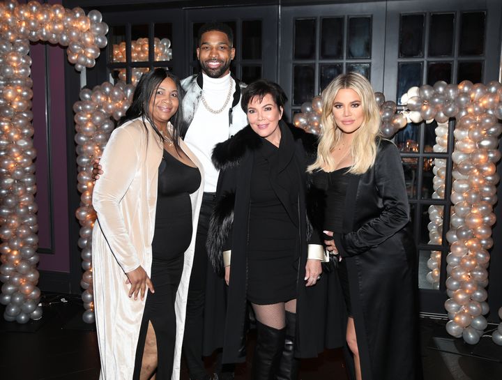 Andrea Thompson ― pictured in 2018 with Tristan Thompson, Kris Jenner and Khloe Kardashian ― died in early January. 