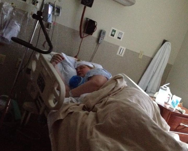 The author in the hospital in 2013 just before her high-dose chemotherapy began.