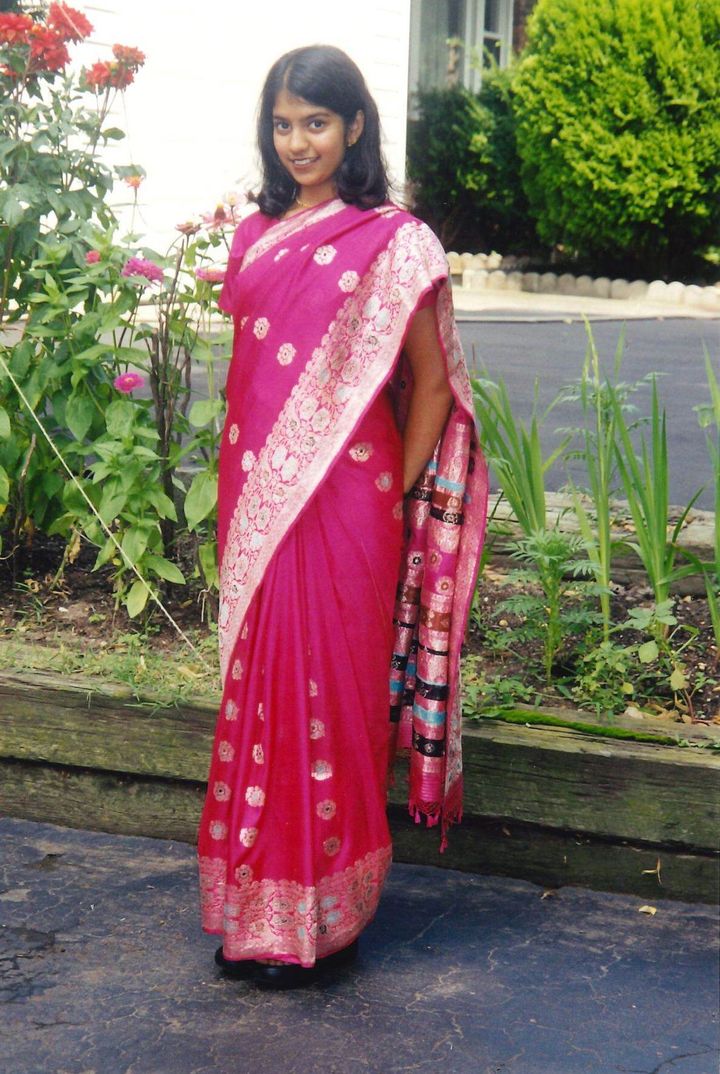 The author as a teenager dressed in a sari to attend a wedding in Metuchen, New Jersey.