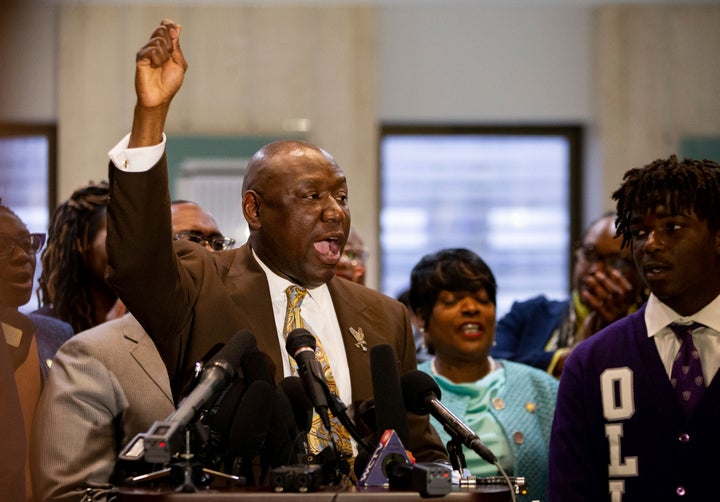 Attorney Ben Crump chants "Yes to community, no to censorship" in Tallahassee, Florida, during a "Stop the Black Attack" rally Wednesday.
