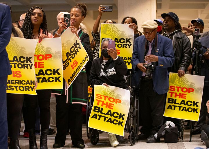 A "Stop the Black Attack" rally in Tallahassee, Florida, on Wednesday, protests recent state legislation and policies that are seen as racist.