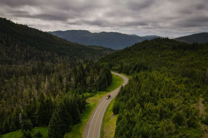 A truck loaded with freshly cut timber drives along a road in the Tongass National Forest on Prince of Wales Island, Alaska. 