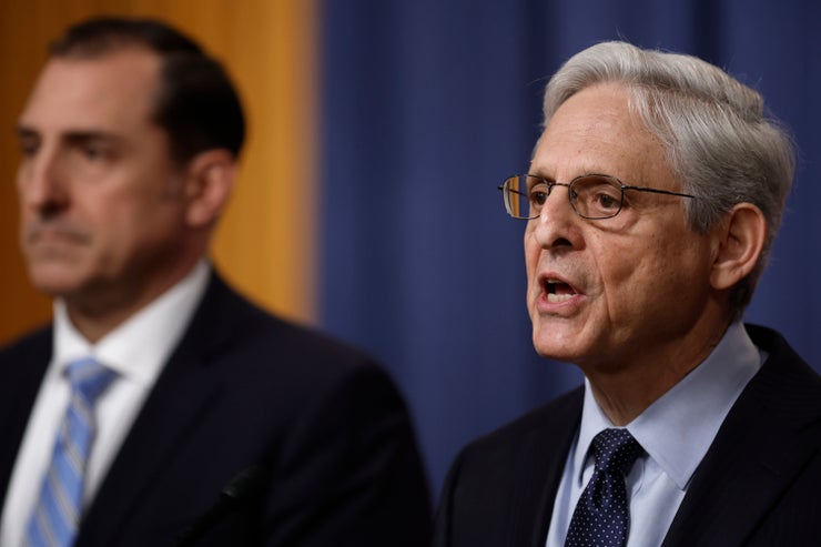 Attorney General Merrick Garland (right) is joined by John Lausch, the U.S. attorney for the Northern District of Illinois, at a Jan. 12 news conference at the Justice Department to announce the appointment of a special counsel to investigate the discovery of classified documents at President Joe Biden home and a former office.