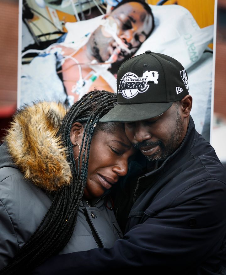 Kenyana Dixon is comforted during a rally for her brother Tyre Nichols at the National Civil Rights Museum on Jan. 16. 