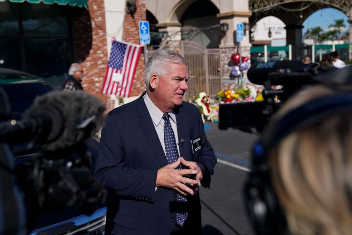 Monterey Park Police Chief Scott Wiese speaks to reporters near a memorial outside the Star Ballroom Dance Studio on Tuesday in Monterey Park, California.