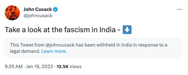 A screenshot of how John Cusack's tweet referencing an earlier post linking to the BBC documentary looks like for India users.