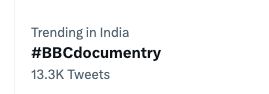 Screenshot showing a hashtag referring to a BBC documentary going viral on Indian Twitter.