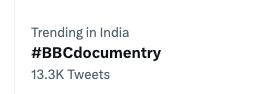 A screenshot showing a hashtag referencing the BBC documentary trending on Indian Twitter.