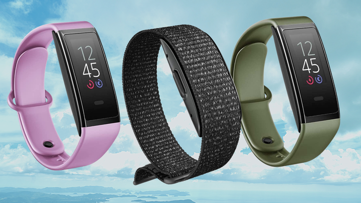 The Amazon Halo View (left and right) and Amazon Halo Band (center) fitness trackers.