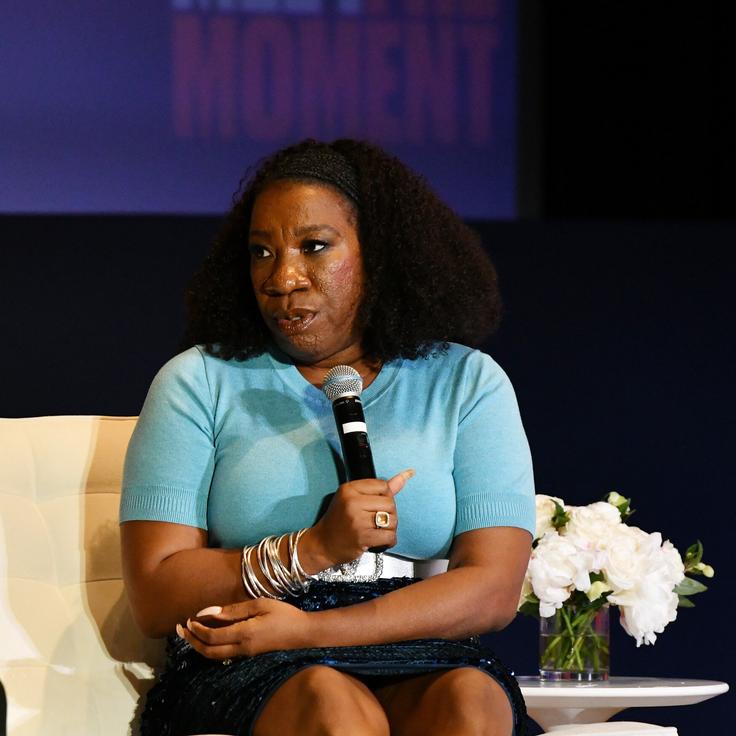 Kaia Naadira (left) and Tarana Burke speak onstage during The Meteor: Meet the Moment Summit at Brooklyn Museum on Nov. 12, 2022, in New York City.