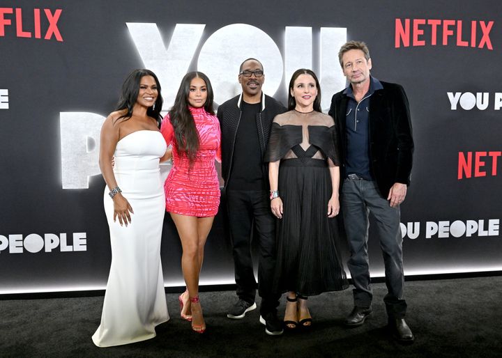 Nia Long, Lauren London, Eddie Murphy, Julia Louis-Dreyfus and David Duchovny at the Los Angeles Premiere of Netflix's "You People" on Jan. 17, 2023, in Los Angeles.