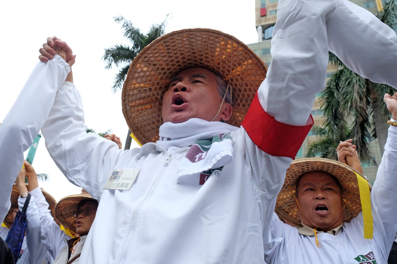 Lin Yi-hsiung, former chairman of the main opposition Democratic Progressive Party in Taiwan, joins hands with protesters outside Parliament in Taipei on April 10, 2015. Hundreds of pro-Taiwan independence activists rallied to mark the first anniversary of the student-led Sunflower Movement.