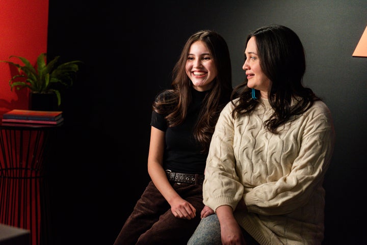 From Left: Isabel Deroy-Olson and Lily Gladstone at the IndieWire Sundance Studio, on Jan. 21, 2023, in Park City, Utah. They star in "Fancy Dance," a fictional story about a queer Indigenous woman named Jax (Gladstone) and her niece Roki (Deroy-Olson).