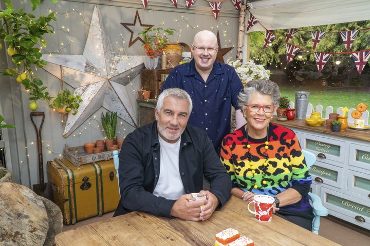 Left to right: Paul Hollywood, Matt Lucas and Prue Leith on The Great Celebrity Bake Off for Stand Up To Cancer 