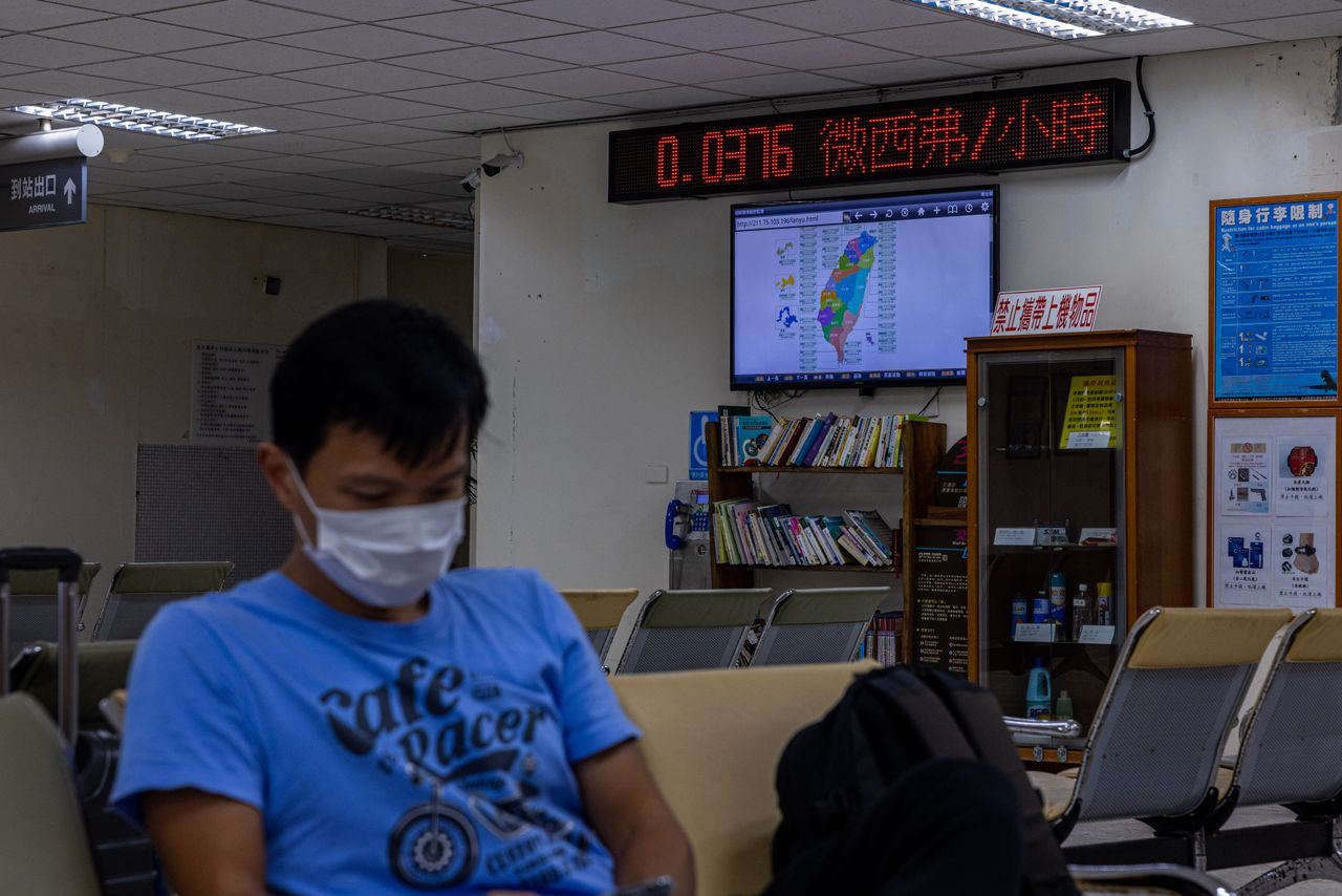 Radiation measurements are displayed on a lighted sign at Lanyu airport on Orchid Island, Taiwan.