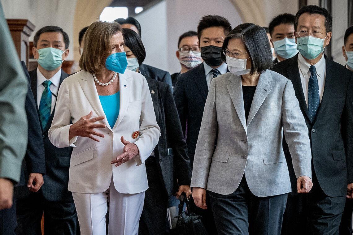 On Aug. 3, then Speaker of the House Nancy Pelosi (D-Calif.), left, speaks Taiwan President Tsai Ing-wen after arriving at the president's office in Taipei. China retaliated for the visit with a blockade that held up natural gas shipments to the island.