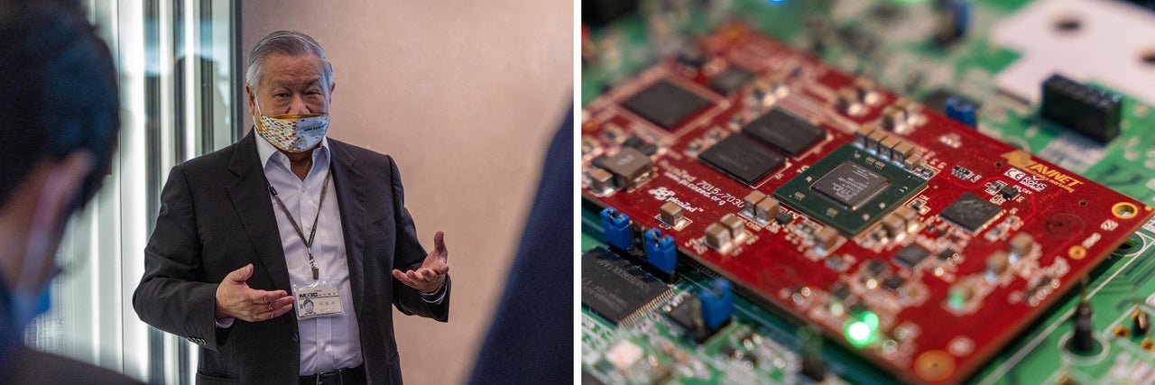 Left: Miin Chyou Wu, chairman of the board of directors of Macronix International Co. Ltd., gives a speech on a semiconductor plant tour at Hsinchu Science Park on Sept. 16 in Hsinchu, Taiwan. Taiwan's semiconductor manufacturing is crucial to supply chains, with companies like Apple, Nvidia and Qualcomm dependent on its exports. At right: A board with IC chips at the Macronix Exhibition Center in Hsinchu, Taiwan.