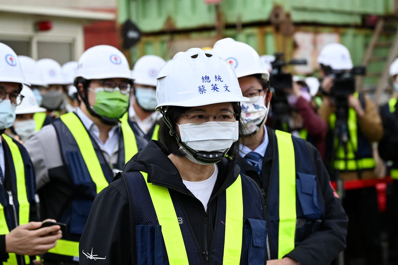 Taiwan President Tsai Ing-wen inspects an algae reef zone near the Datan Power Plant at the coast of the Guanyin District in Taoyuan on Nov. 25, 2021.