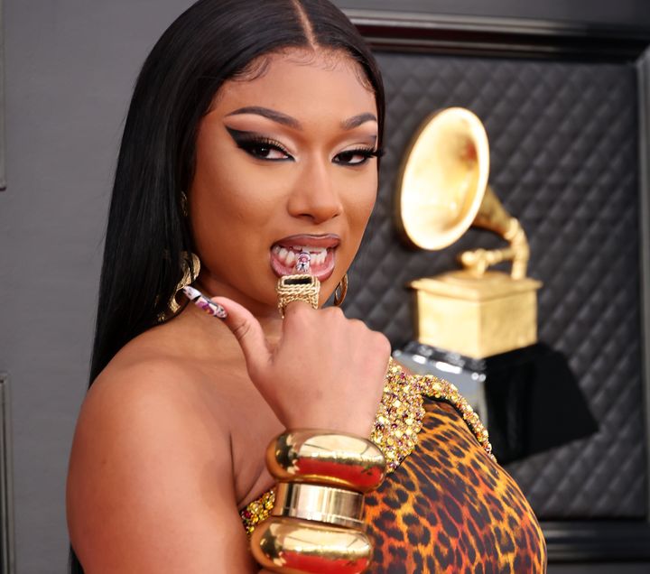 Megan Thee Stallion on the red carpet at the 64th annual Grammy Awards in 2022.