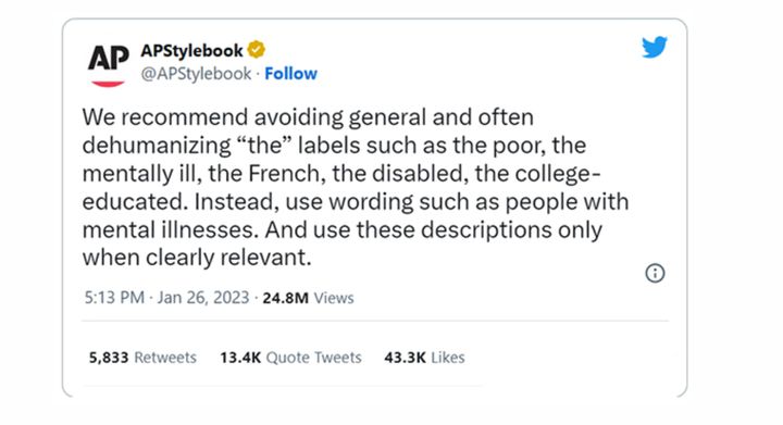 This AP Stylebook tweet suggested that saying "The French" is dehumanizing.
