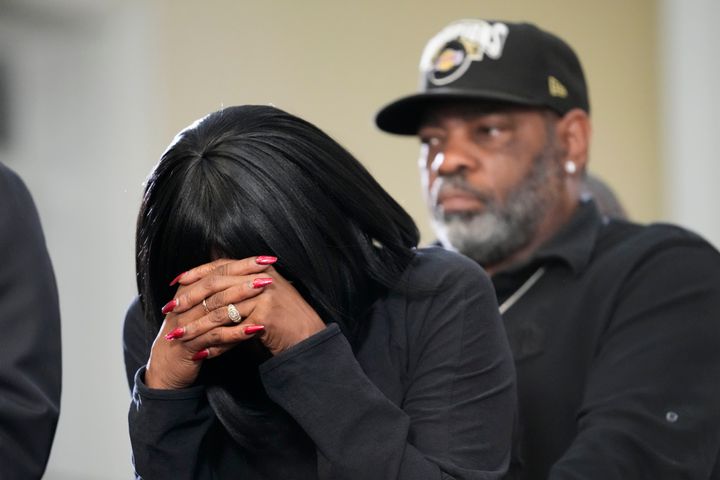 RowVaughn Wells, mother of Tyre Nichols, who died after being beaten by Memphis police officers, cries at a news conference in Memphis, Tennessee, Monday, Jan. 23, 2023. Behind is Tyre's stepfather Rodney Wells.